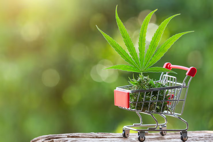 Cannabis leaves and products in a shopping cart representing dispensary product selection in Pahrump Nevada