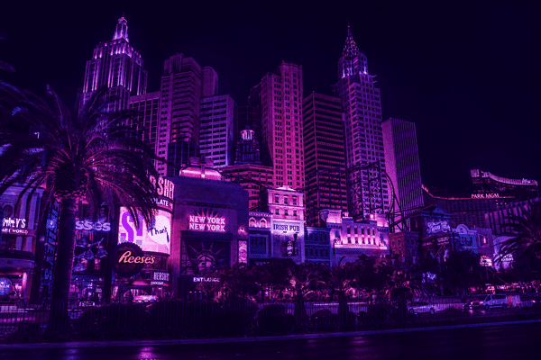 a las vegas city-scape at night representing 24/7 cannabis access at The Grove Las Vegas 24 hour cannabis dispensary dispensary