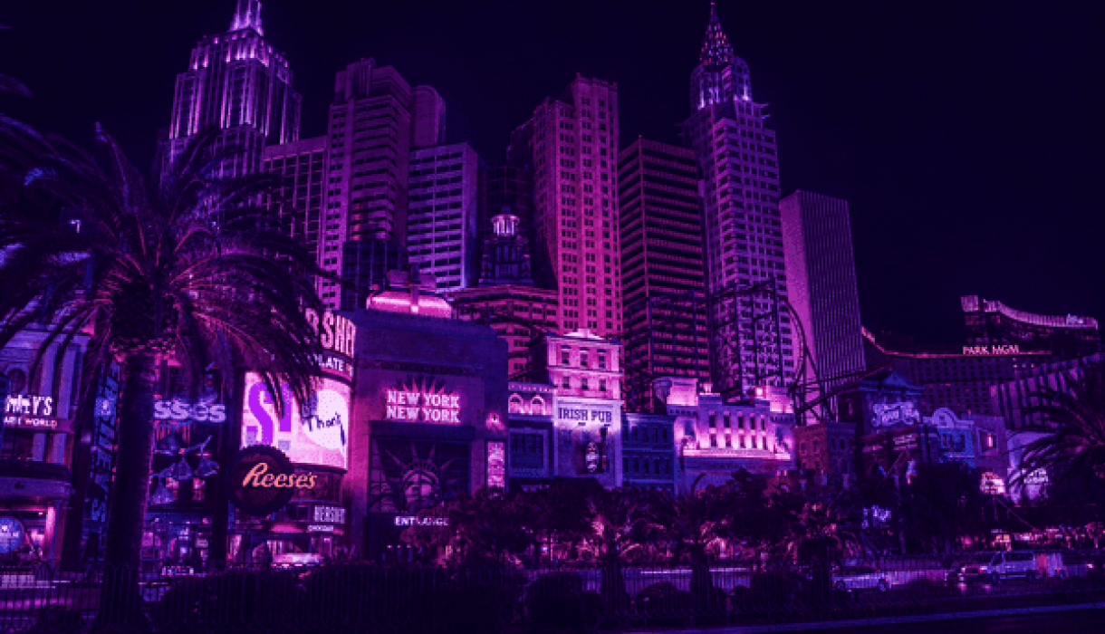 a las vegas city-scape at night representing 24/7 cannabis access at The Grove Las Vegas 24 hour cannabis dispensary dispensary