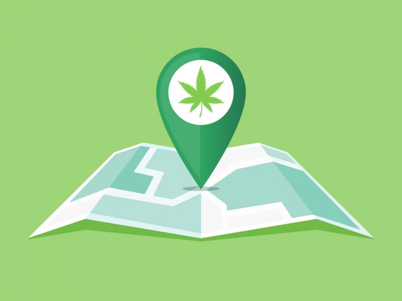 Cannabis locations map marker to represent a blog about The Grove Las Vegas dispensary counter, open 24 hours